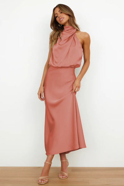 Valeria™ | Vestido Largo de Satén con Cuello Halter