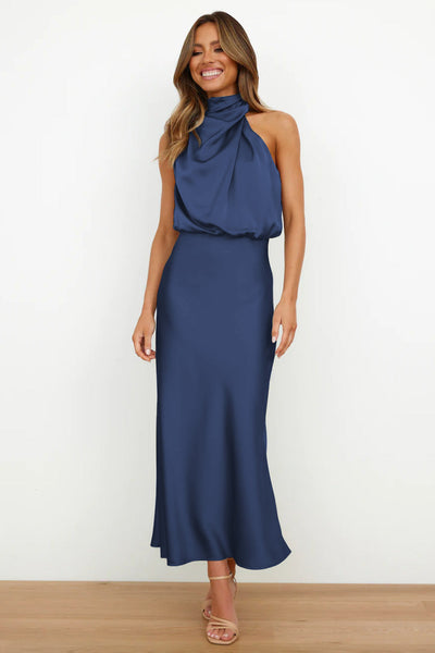 Valeria™ | Vestido Largo de Satén con Cuello Halter