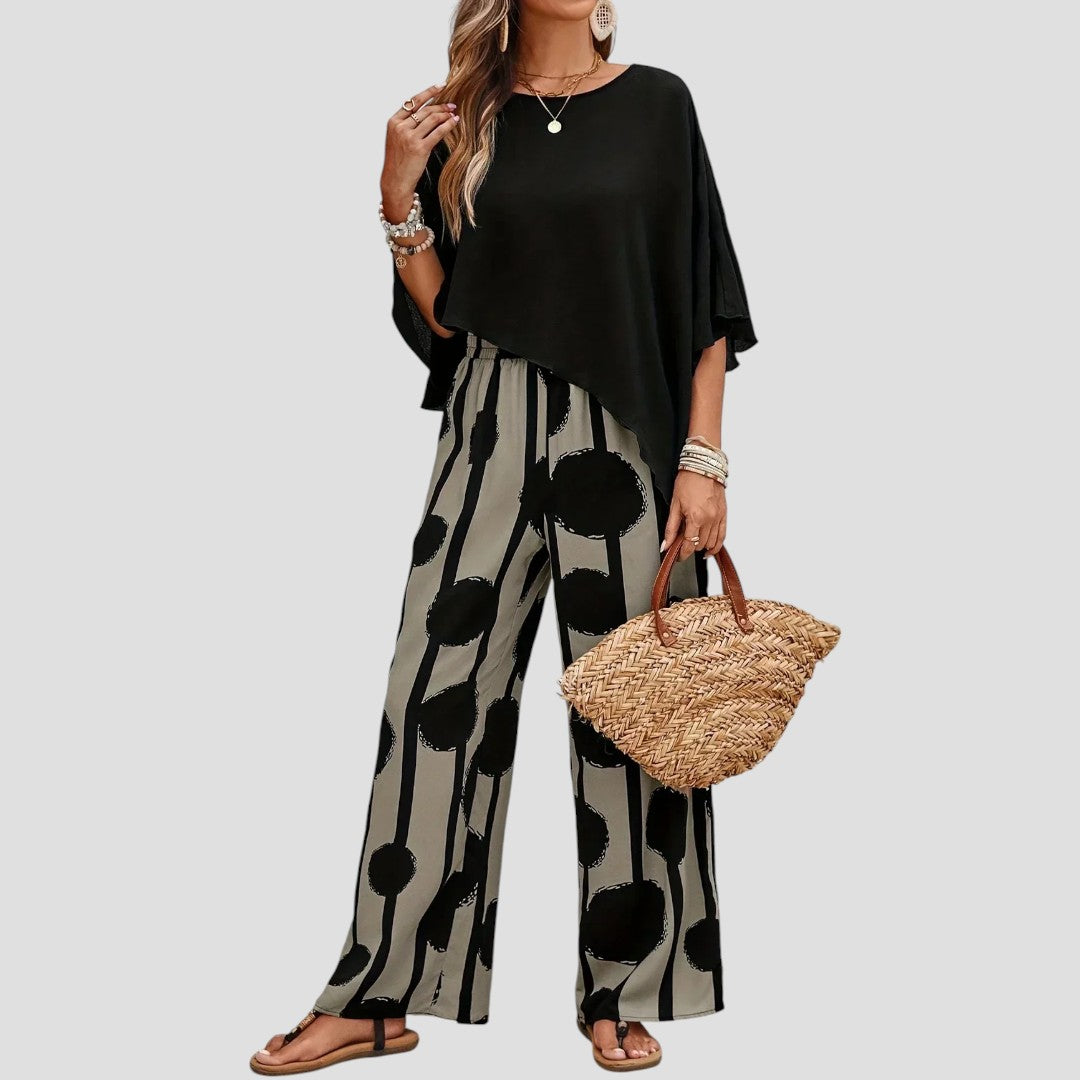 Milavie™ | Conjunto de mujer a la moda con top asimétrico y pantalón estampado