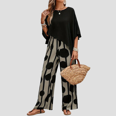Milavie™ | Conjunto de mujer a la moda con top asimétrico y pantalón estampado