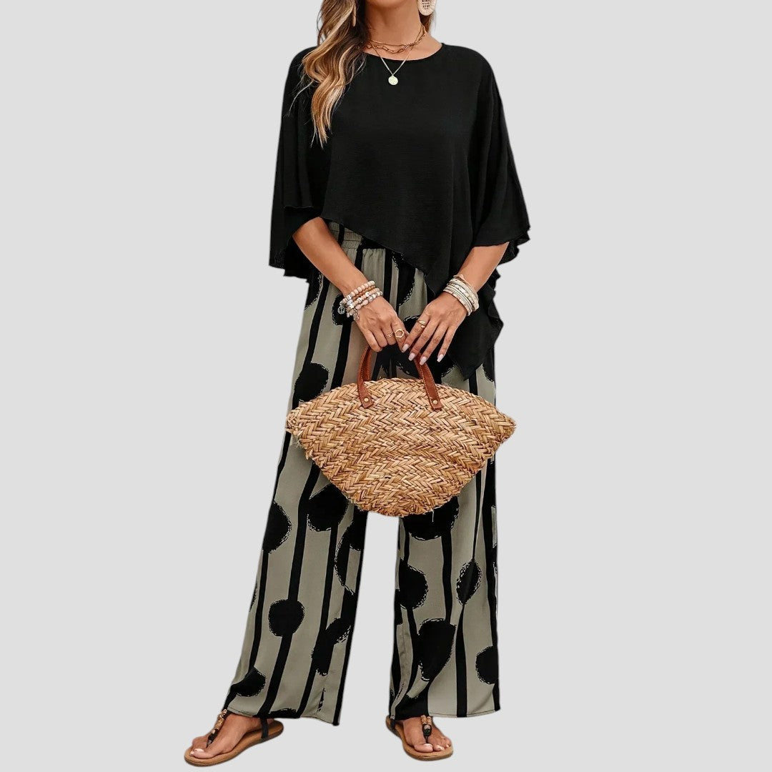 Milavie™ | Conjunto de mujer a la moda con top asimétrico y pantalón estampado