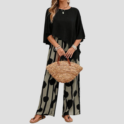 Milavie™ | Conjunto de mujer a la moda con top asimétrico y pantalón estampado