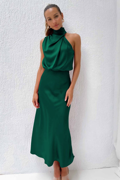 Valeria™ | Vestido Largo de Satén con Cuello Halter