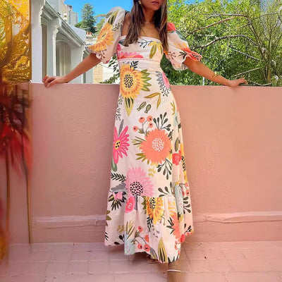Vestido largo de lino con estampado azteca "Nina"