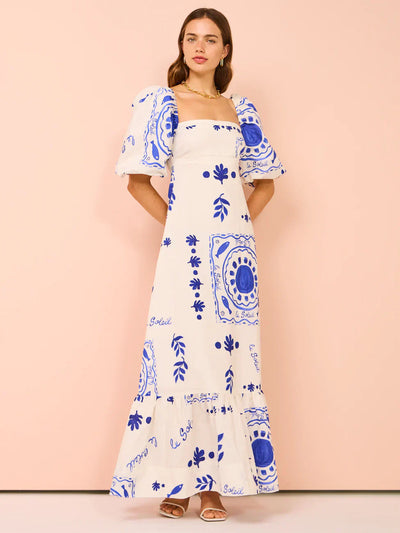 Vestido largo de lino con estampado azteca "Nina"