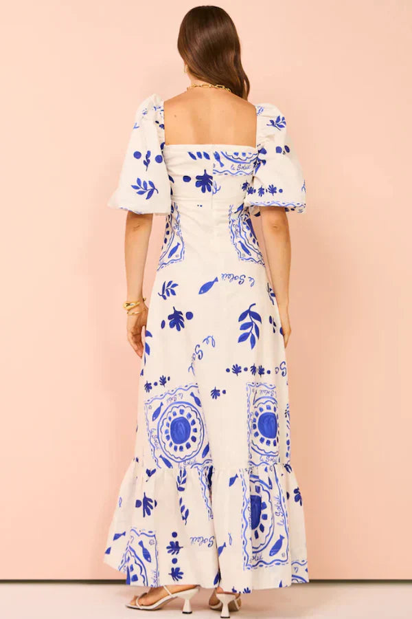 Vestido largo de lino con estampado azteca "Nina"