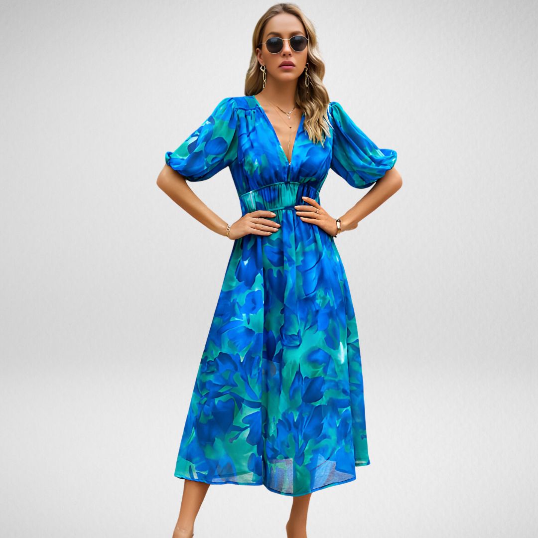 ABBY™ | VESTIDO ELEGANTE CON ESCOTE EN V Y MOTIVOS VIBRANTES