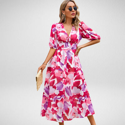 ABBY™ | VESTIDO ELEGANTE CON ESCOTE EN V Y MOTIVOS VIBRANTES