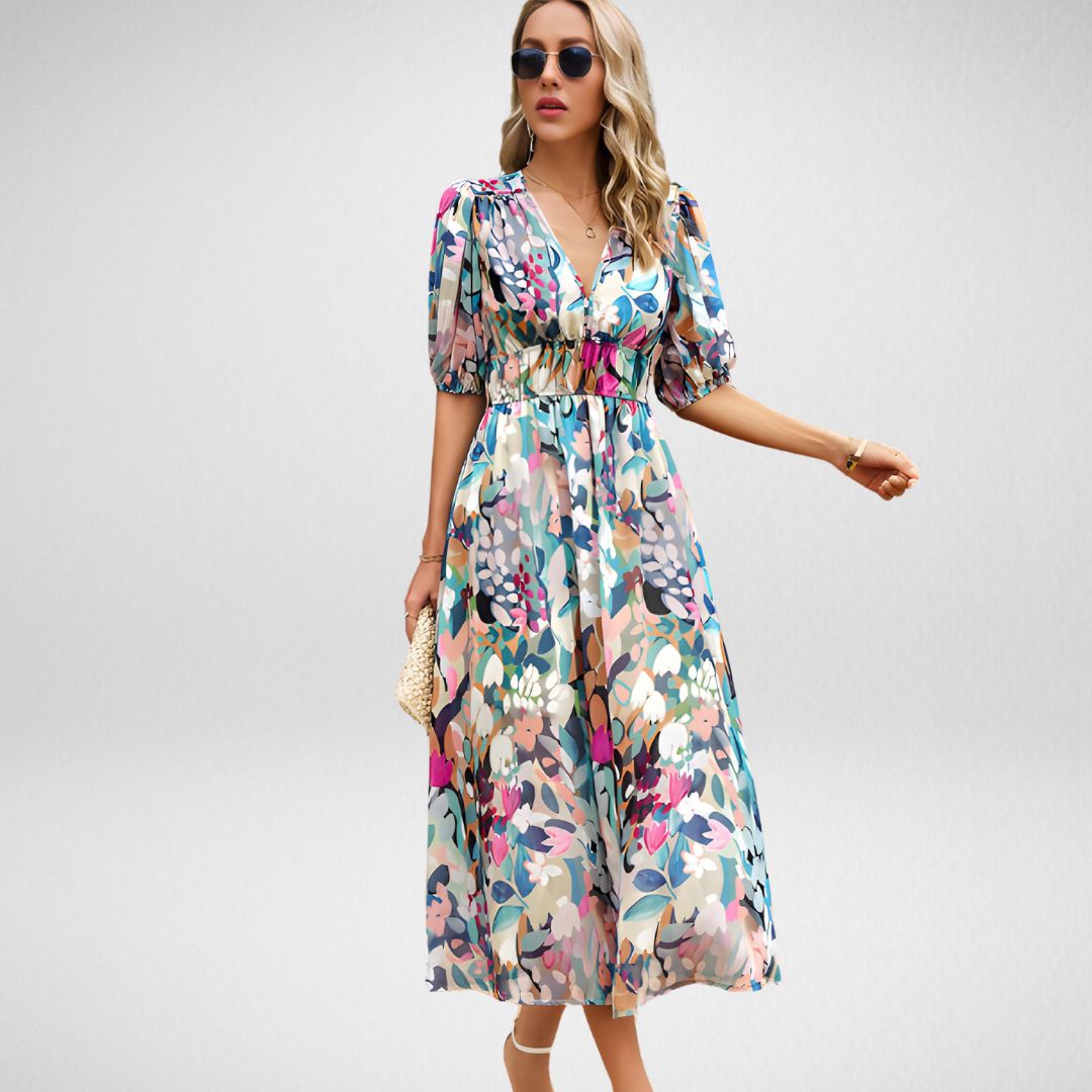 ABBY™ | VESTIDO ELEGANTE CON ESCOTE EN V Y MOTIVOS VIBRANTES