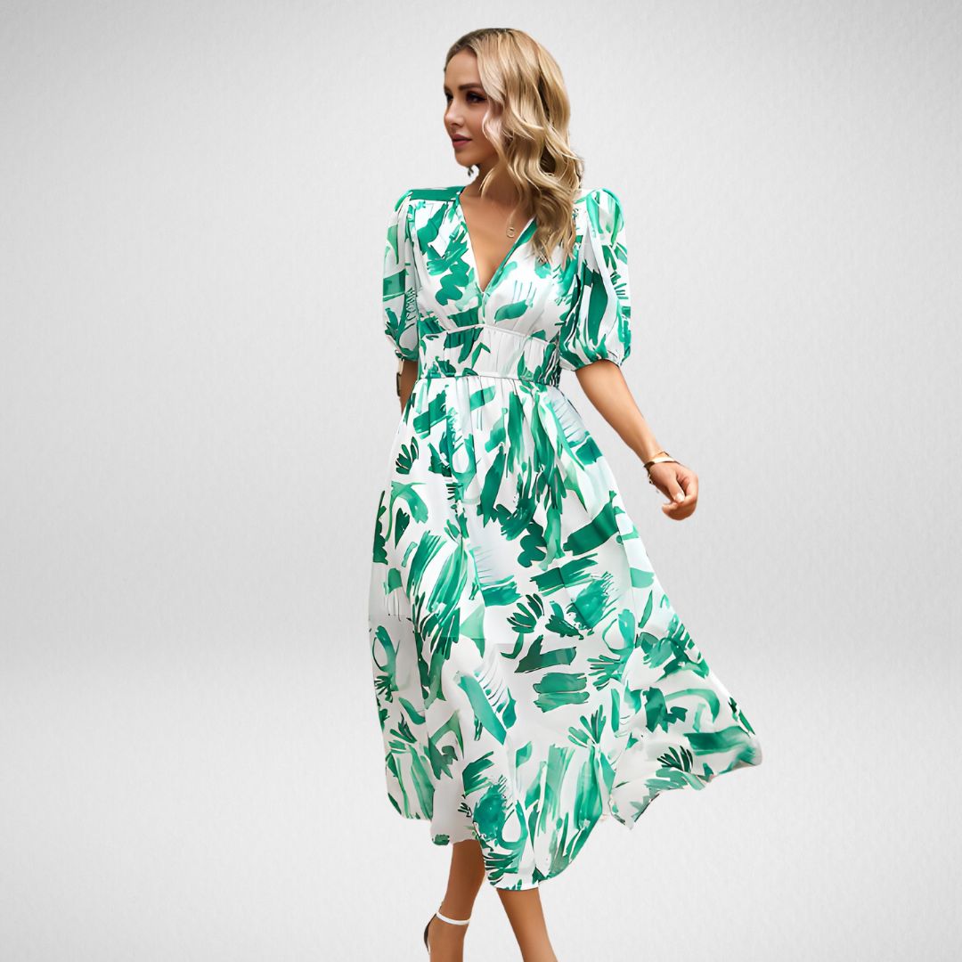 ABBY™ | VESTIDO ELEGANTE CON ESCOTE EN V Y MOTIVOS VIBRANTES